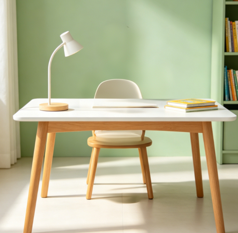 Minimalist Solid Wood Children's Study Desk (Natural Wood & White)
