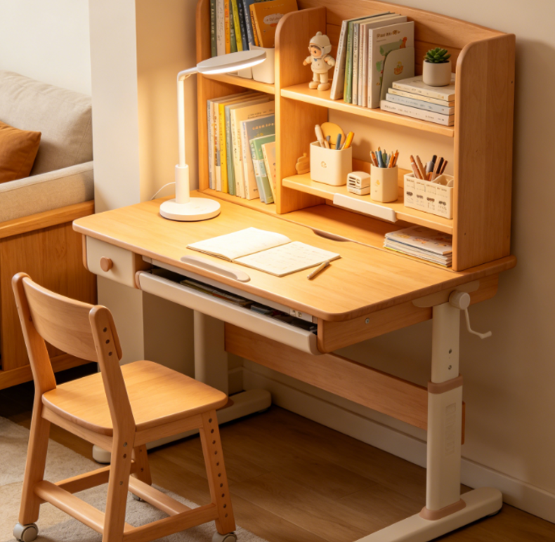 Solid Wood Children's Desk with Multi-Tiered Bookshelf and Manual Height Adjustment
